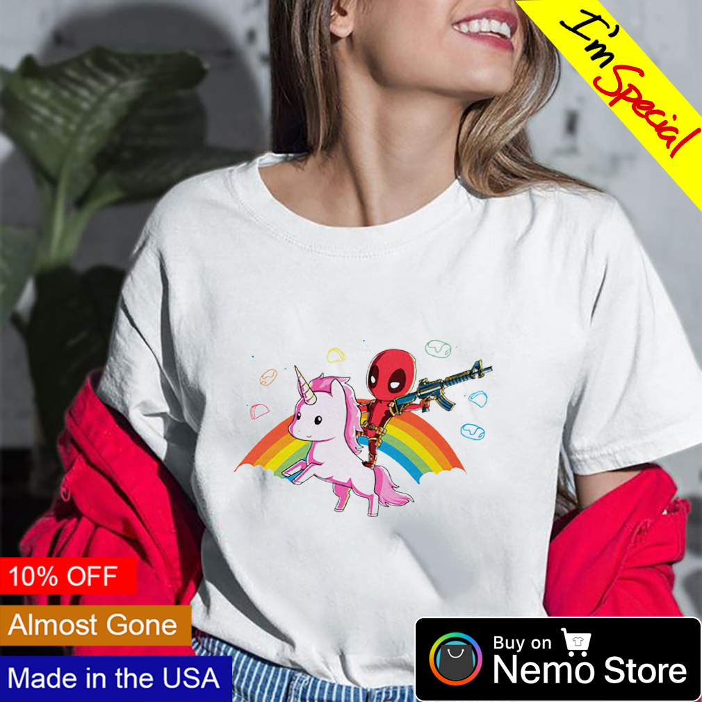 fingeraftryk kobber Perforering Deadpool riding unicorn rainbow shirt, hoodie, sweater and v-neck t-shirt