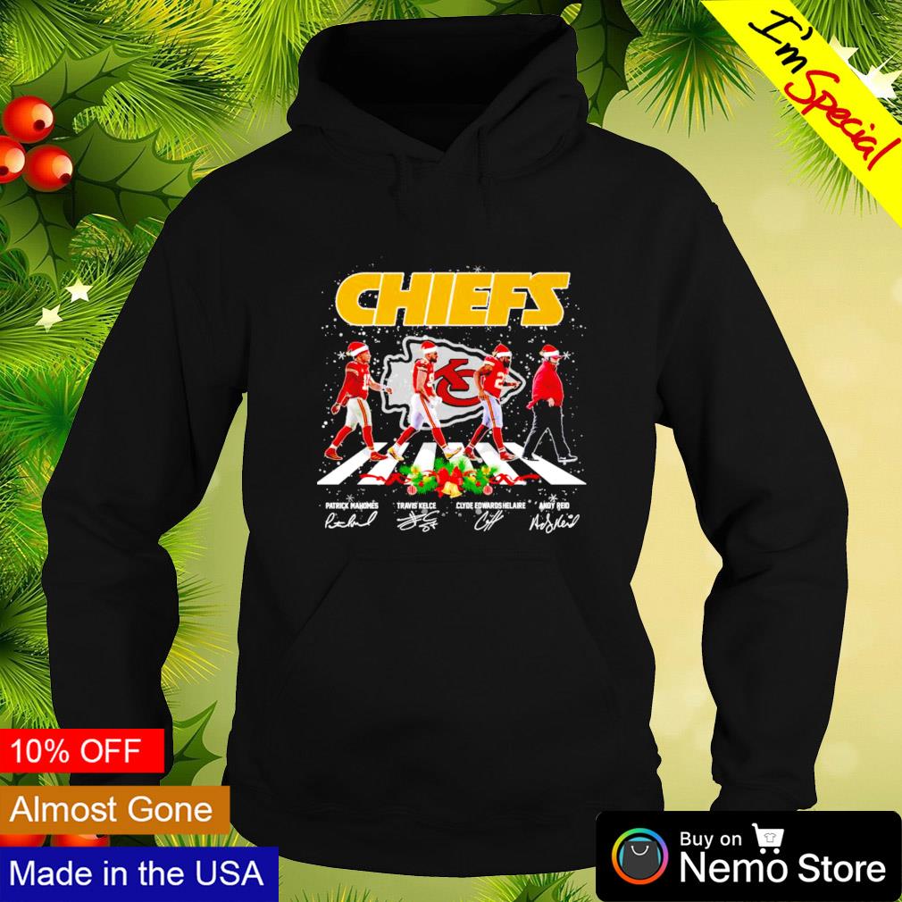 KC Chiefs Patrick Mahomes Travis Kelce Clyde Edwards Helaire Andy Reid on  the road Christmas shirt, hoodie, sweater and v-neck t-shirt