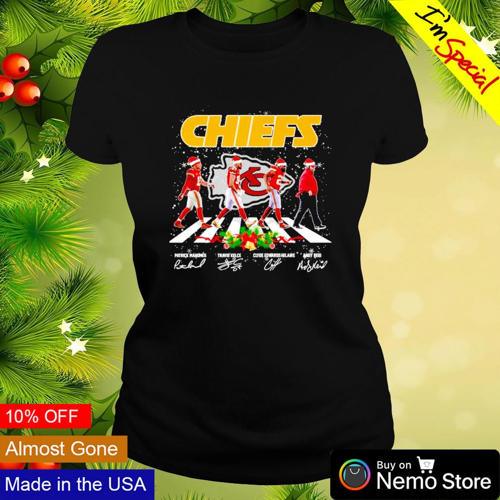 KC Chiefs Patrick Mahomes Travis Kelce Clyde Edwards Helaire Andy Reid on  the road Christmas shirt, hoodie, sweater and v-neck t-shirt