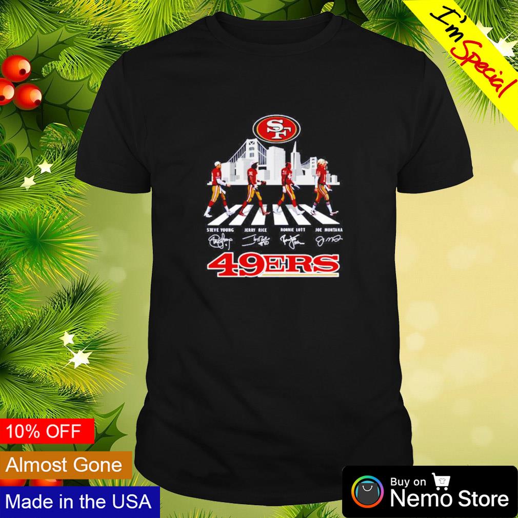 San Fransico 49ers legends Steve Young Jerry Rice Ronnie Lott Joe Montana on the road shirt