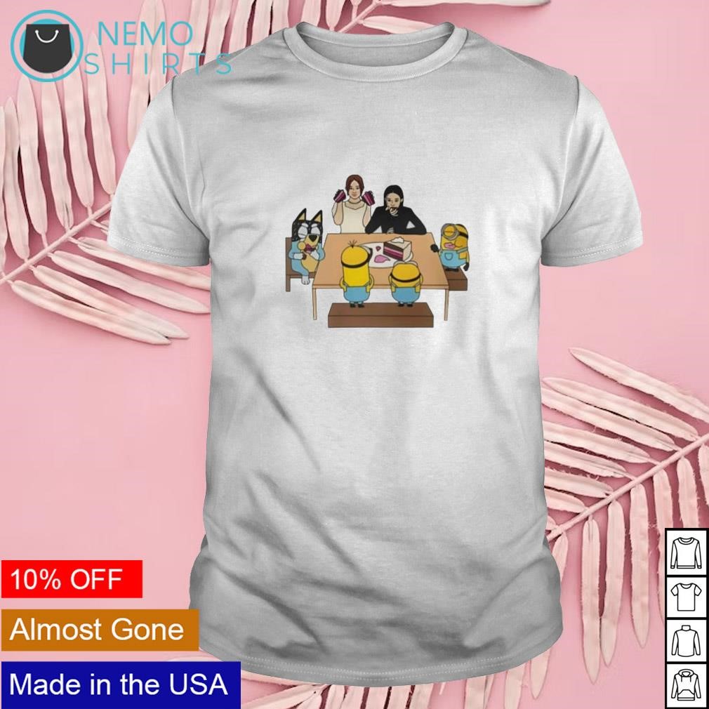 Irene and Seulgi Bandit Heeler 3 Minions sitting at a table sharing a four layer ice cream cake shirt