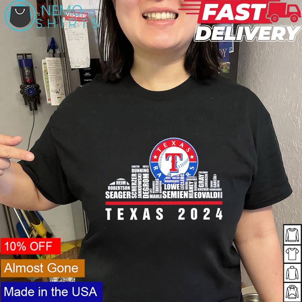 Official Texas Rangers 2024 names city skyline shirt