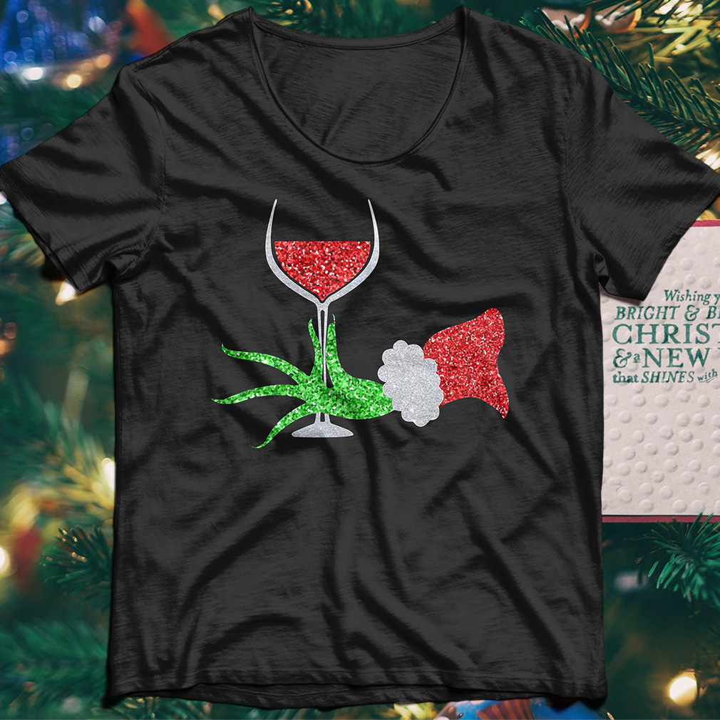 Grinch hand holding a glass of wine Christmas sweater, shirt and hoodie